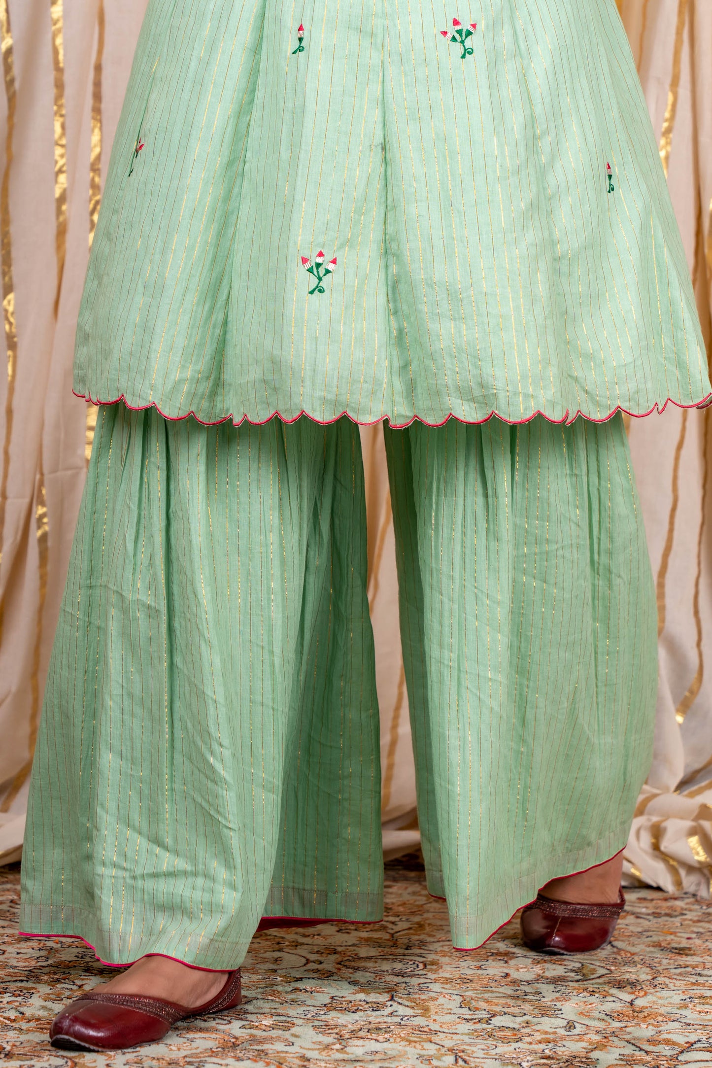 Gourd Green Zari Cotton Kurta Sharara Set-KS229