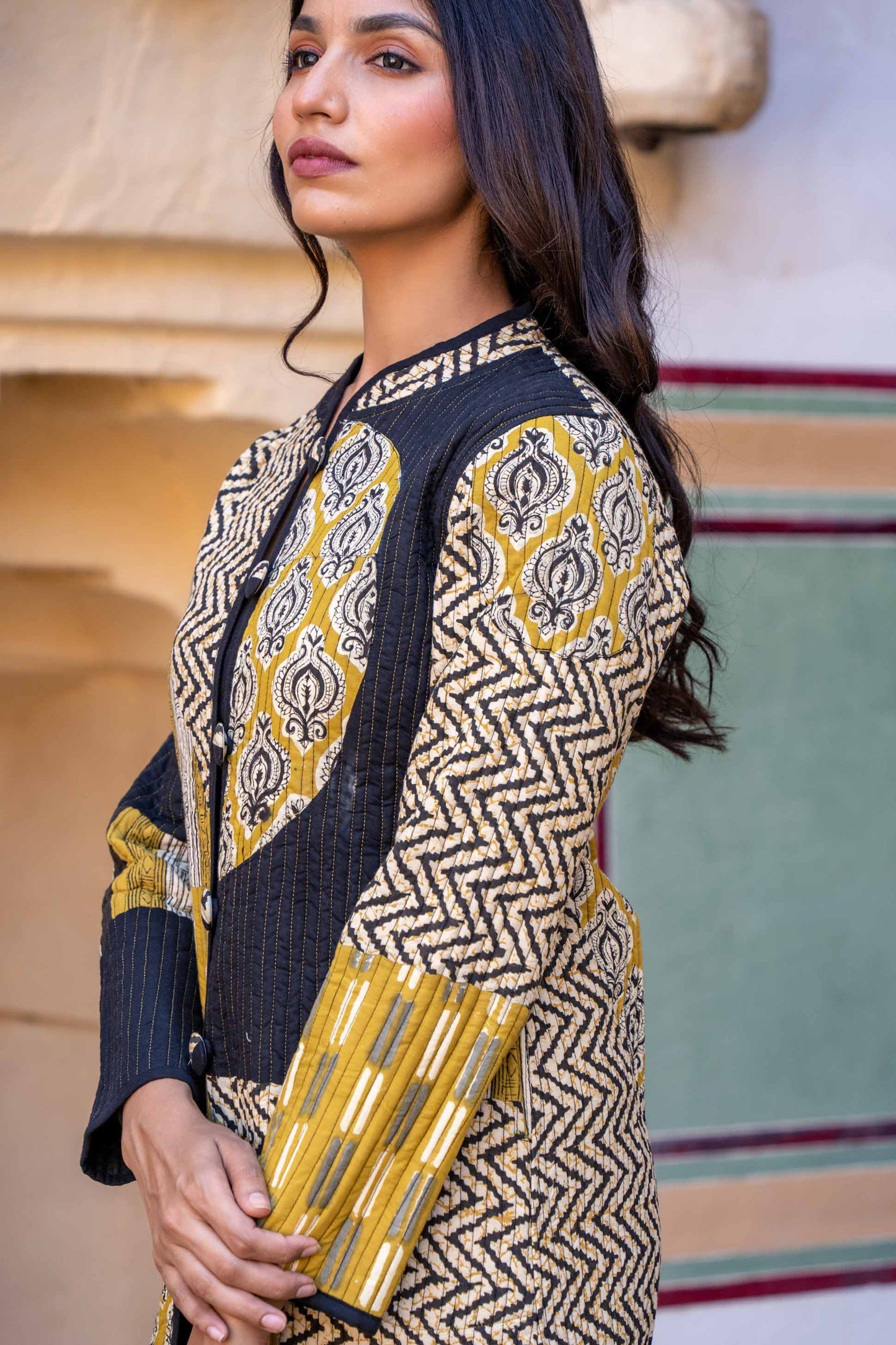 Bagru Mustard Patch Work Quilted Long Coat-NVQJ320 SALE