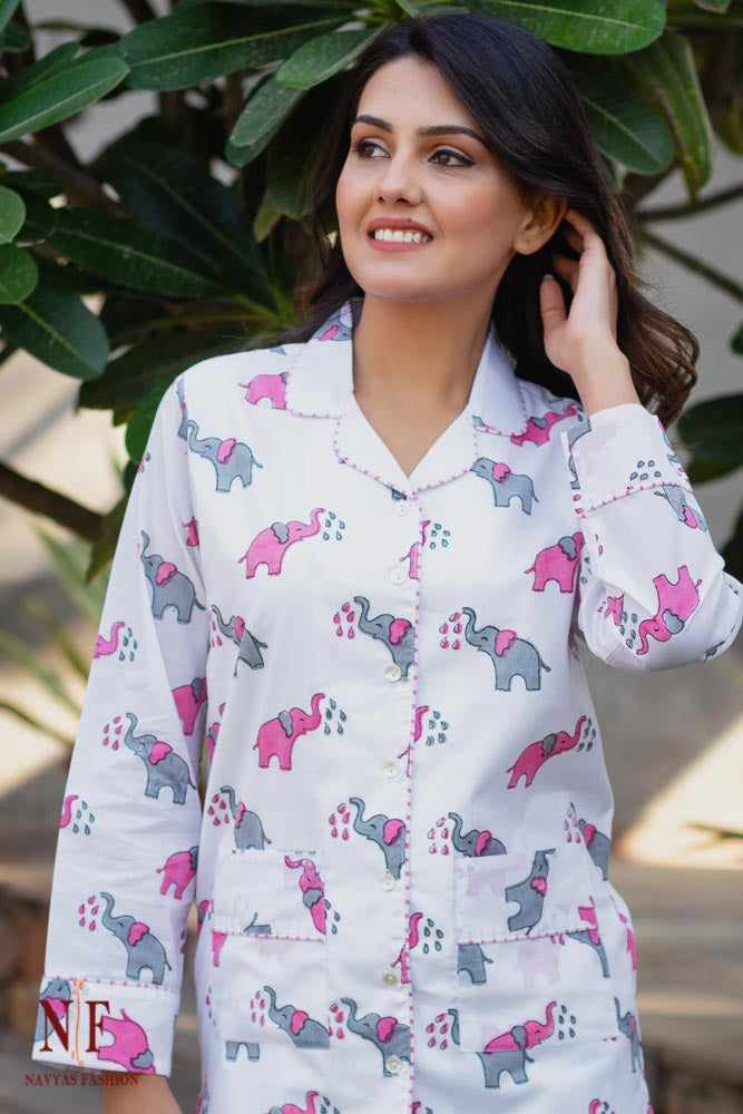 GREY ELEPHANT HAND BLOCK PRINT COTTON NIGHT SUIT-NS83