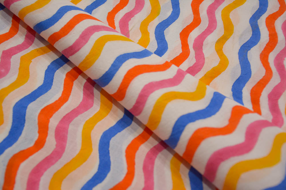 MULTICOLOR WAVES BLOCK PRINTED COTTON FABRIC-HF5008