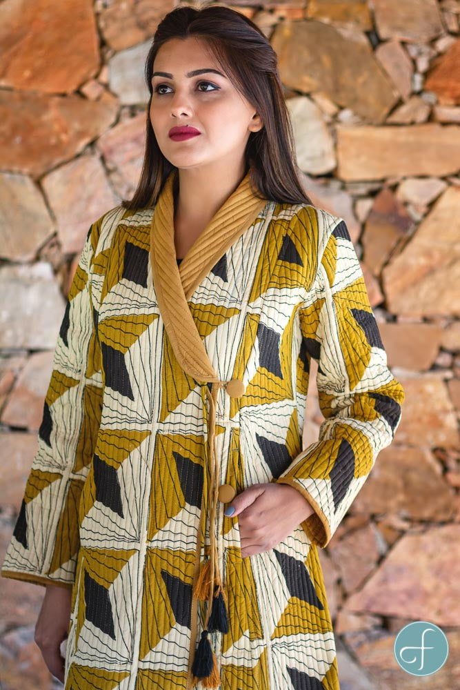 Bagru Mustard Block Printed Quilted Bukhara Coat-NVQJ264
