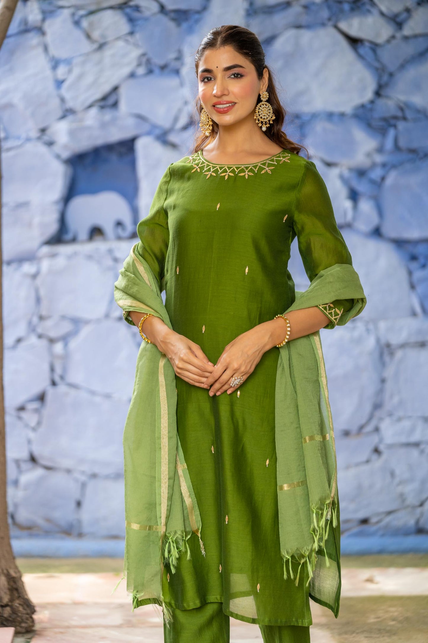 GREEN CHANDERI 2 PIECE KURTA SET-NVKS702