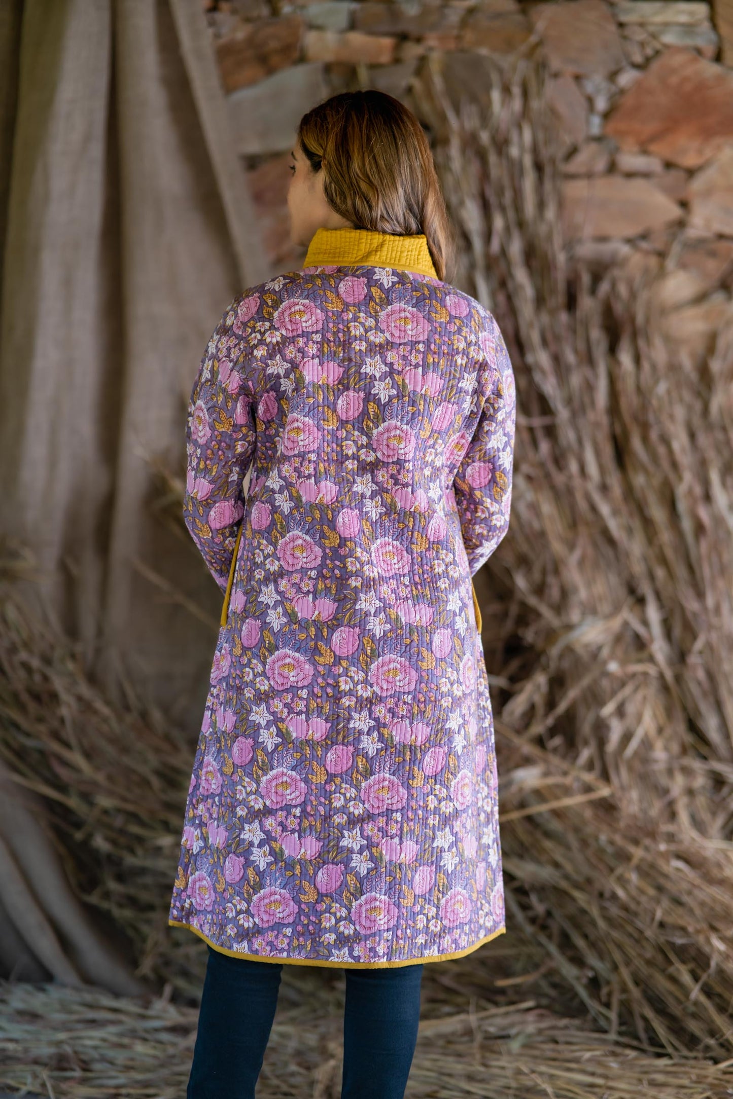 Violet Block Printed Quilted Bukhara Jacket- NVQJ481