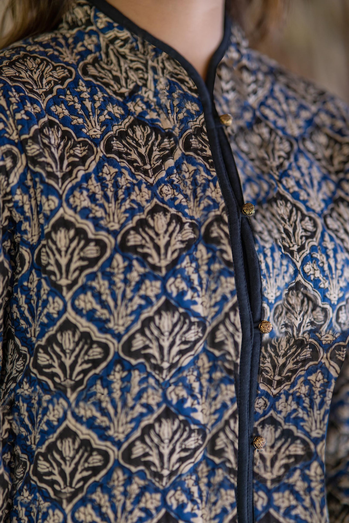Blue Bagru Cotton Reversible Quilted Jacket-NVQJ513 SALE