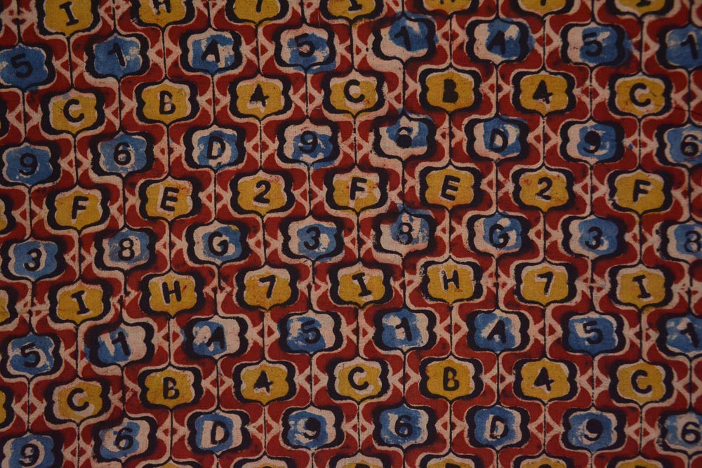NUMERIC RED HAND BLOCK PRINTED KALAMKARI FABRIC-HF4659