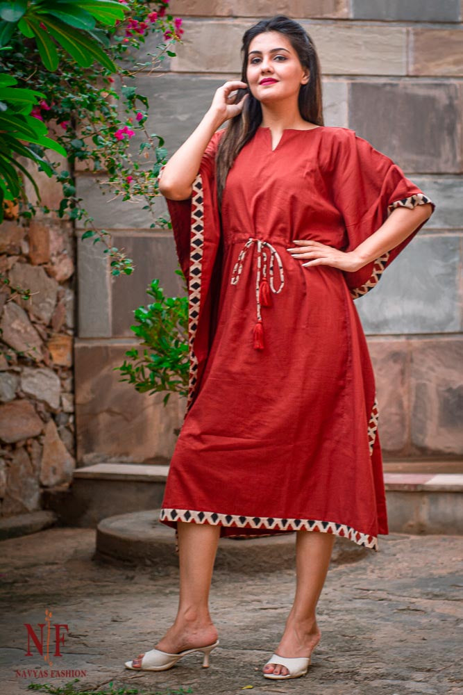 PLAIN RED MULMUL KAFTAN DRESS-NVK47 - Main Image