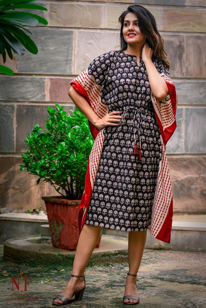 BAGRU BLACK COTTON KAFTAN DRESS-NVK89