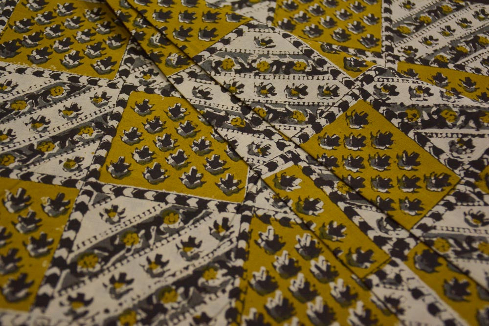 BAGRU MUSTARD CHECKS HAND BLOCK PRINTED COTTON FABRIC-HF4843