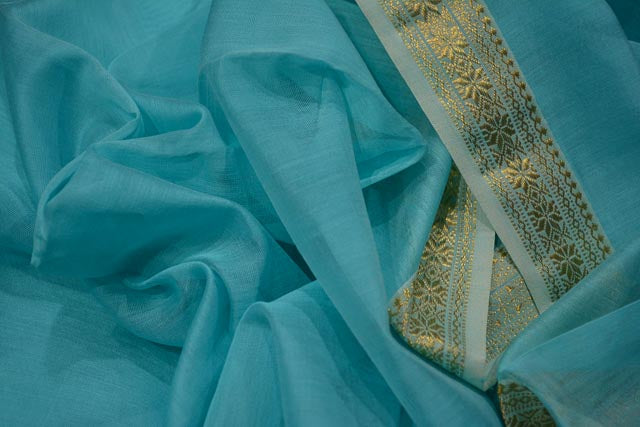 SKY BLUE ZARI BORDER MAHESHWARI SILK HANDLOOM FABRIC-HF3162