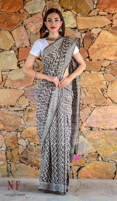 KASHISH GREY AND WHITE BLOCK PRINTED COTTON SAREES-NVCBS24