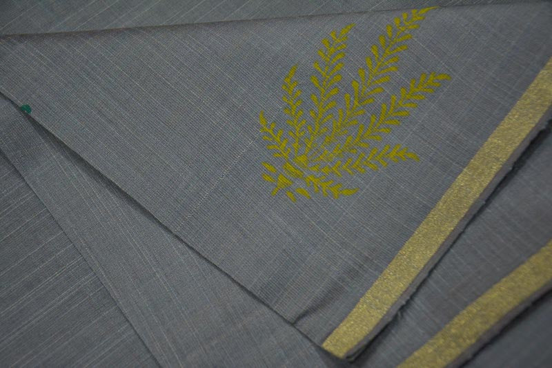 GREY FLORAL BLOCK PRINTED CHANDERI FABRIC-HF4196