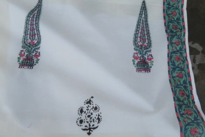 TURQUOISE AND GREEN LEAF BLOCK PRINT FABRIC-HF450S