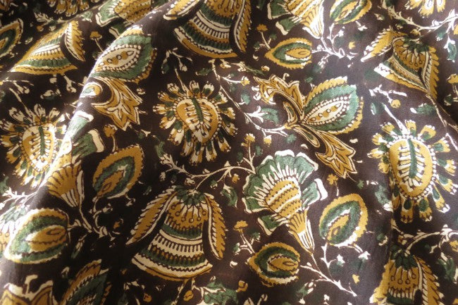 BLACK FLORAL BLOCK PRINTED KALAMKARI MODAL FABRIC-HF862S