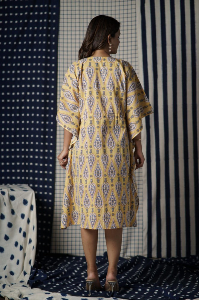 Yellow Block Printed Kaftan-NVK484