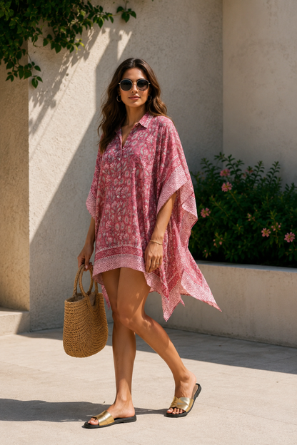 PINK BLOCK PRINTED KAFTAN TOP-NVK559