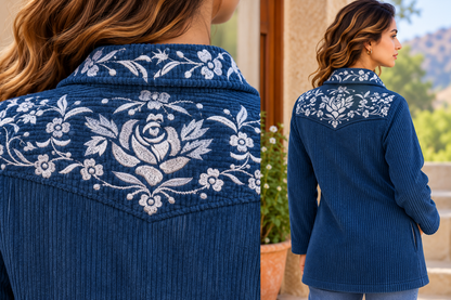 Blue Floral Embroidered Corduroy Jacket-NVQJ685