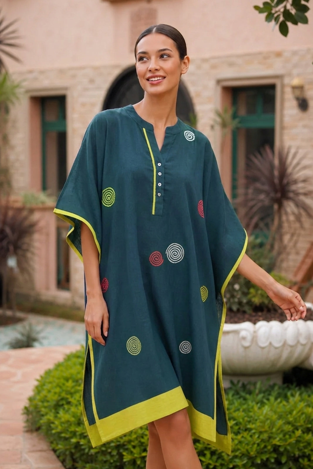 TEAL GREEN EMBROIDERY COTTON KAFTAN - NVK599