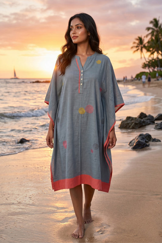 Grey Embroidered Cotton  Kaftan - NVK574
