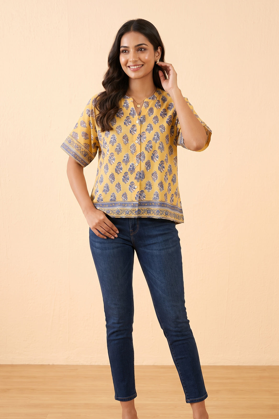 YELLOW BLUE FLORAL COTTON SHIRT TOP-NFT160