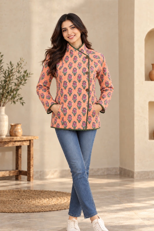 PEACH BLOOM HAND BLOCK PRINTED QUILTED COTTON JACKET-NVQJ671