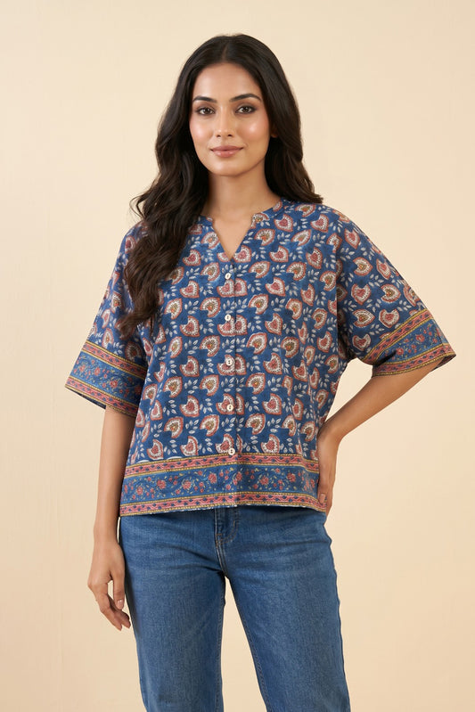 NAVY BLUE FLORAL COTTON TOP-NFT163