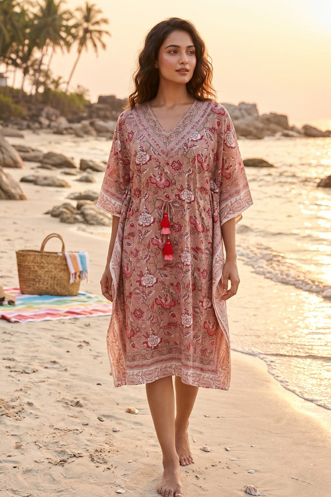 Brown Block Print Floral Cotton  Kaftan - NVK573