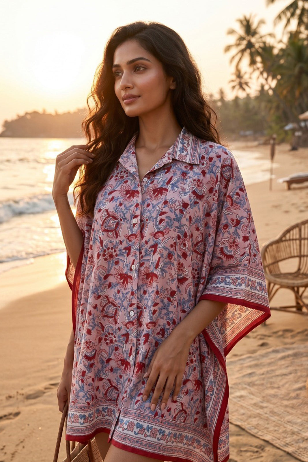 PINK RED FLORAL BLOCK PRINT COTTON KAFTAN TOP