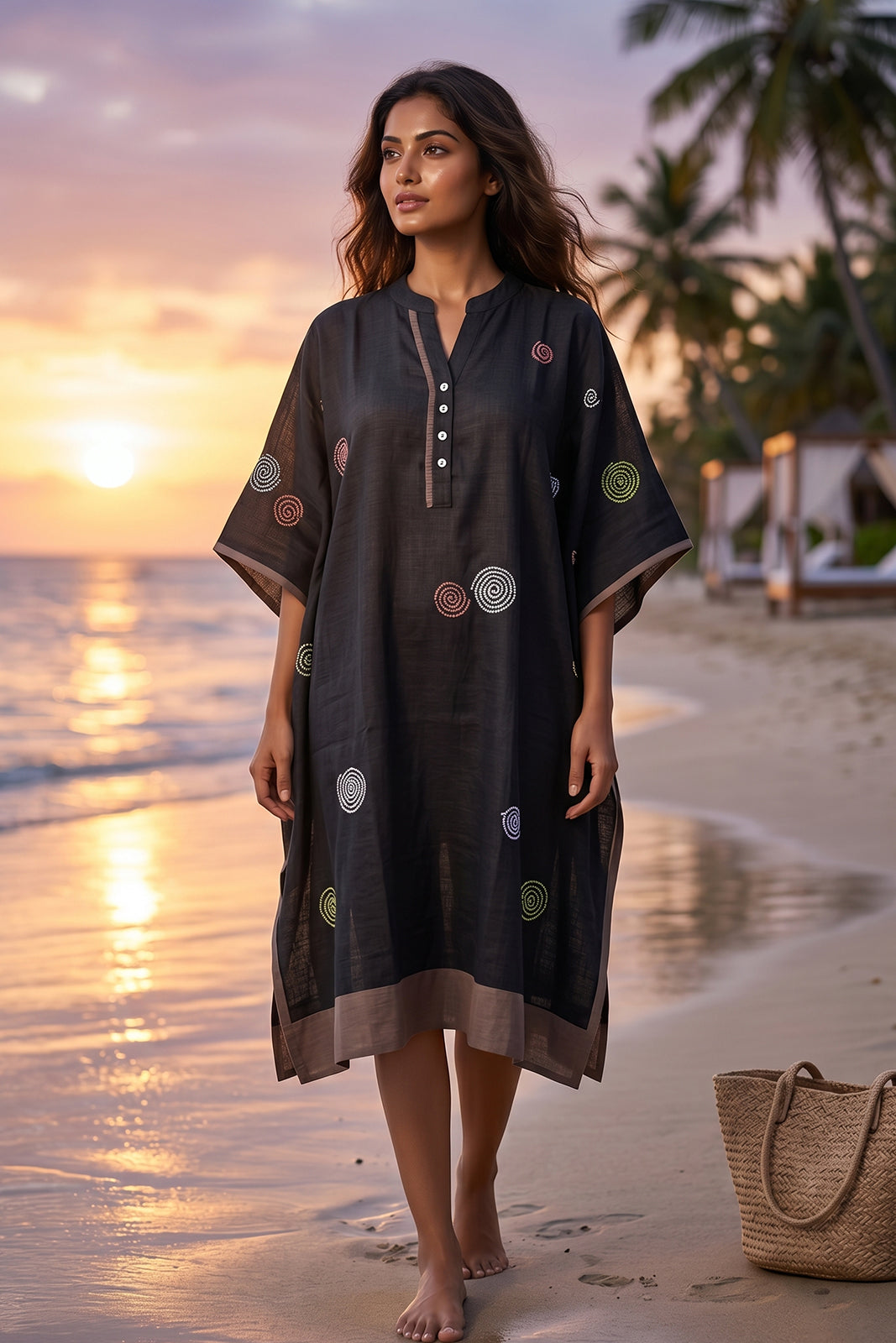 BLACK EMBROIDERED COTTON KAFTAN - NVK578