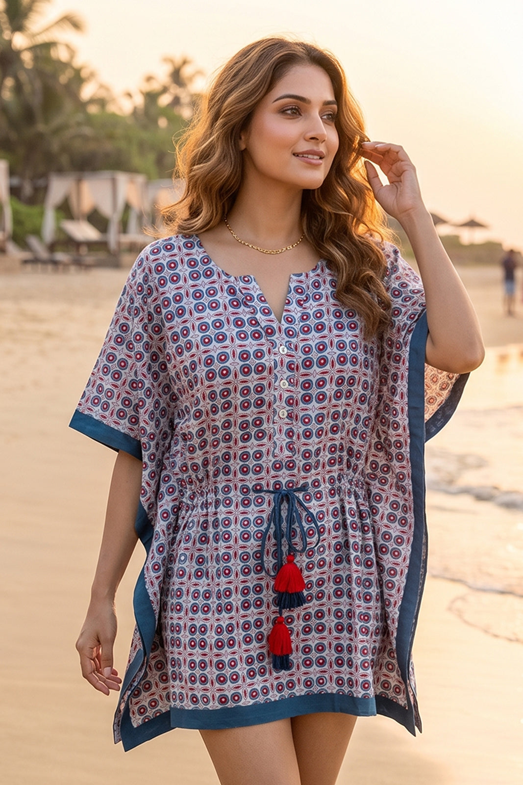 OCEAN BLUE BLOCK PRINT KAFTAN TOP - NVK596