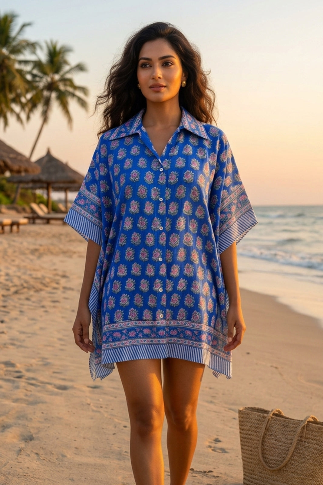 BLUE BLOCK PRINTED KAFTAN TOP -NVK598