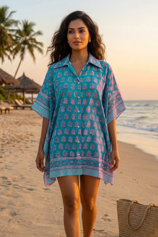 TEAL BLUE BLOCK PRINTED KAFTAN TOP -NVK598