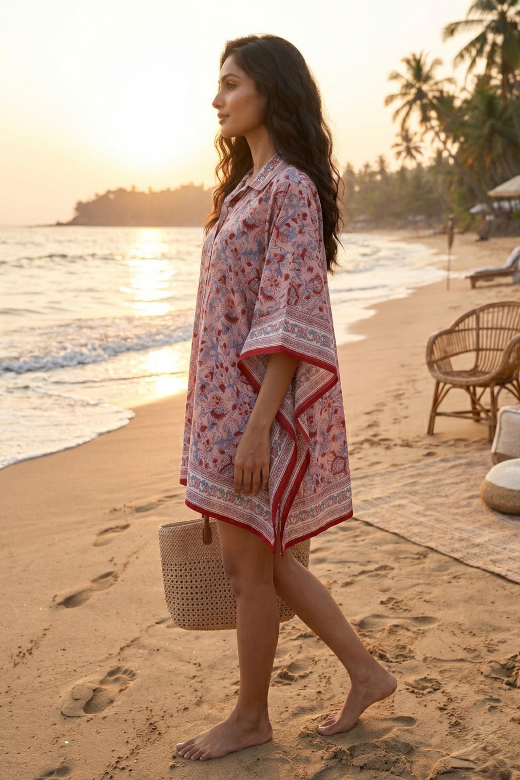PINK RED FLORAL BLOCK PRINT COTTON KAFTAN TOP - NVK575