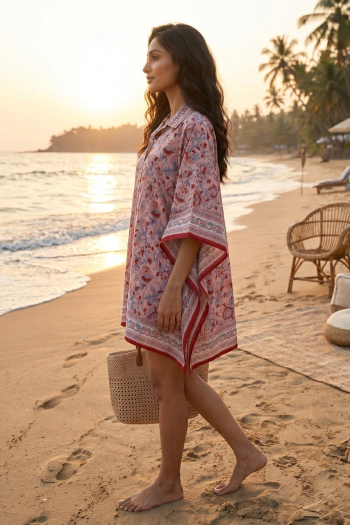 PINK RED FLORAL BLOCK PRINT COTTON KAFTAN TOP - NVK575