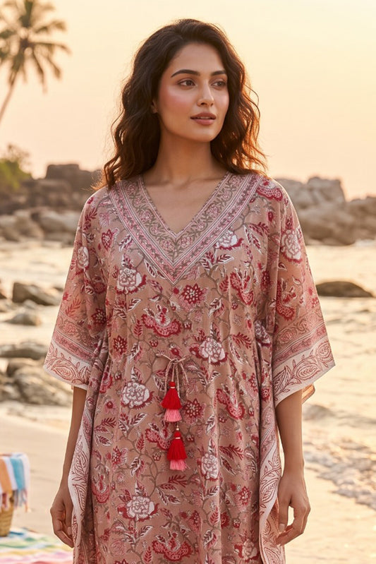 Brown Block Print Floral Cotton  Kaftan - NVK573