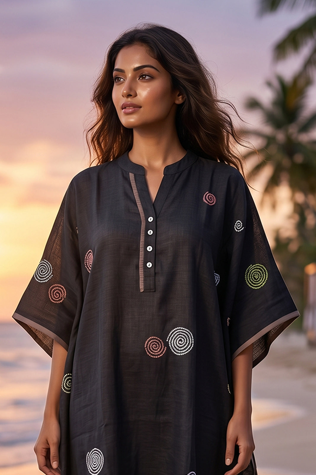 BLACK EMBROIDERED COTTON KAFTAN - NVK578