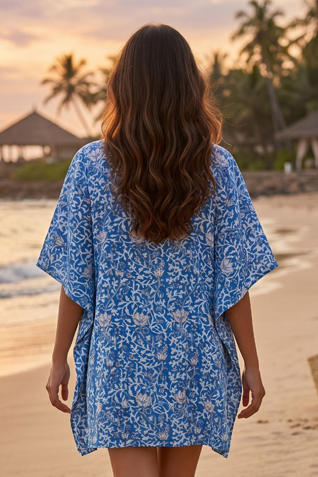 BLUE WHITE FLORAL BLOCK PRINT COTTON KAFTAN TOP - NVK580