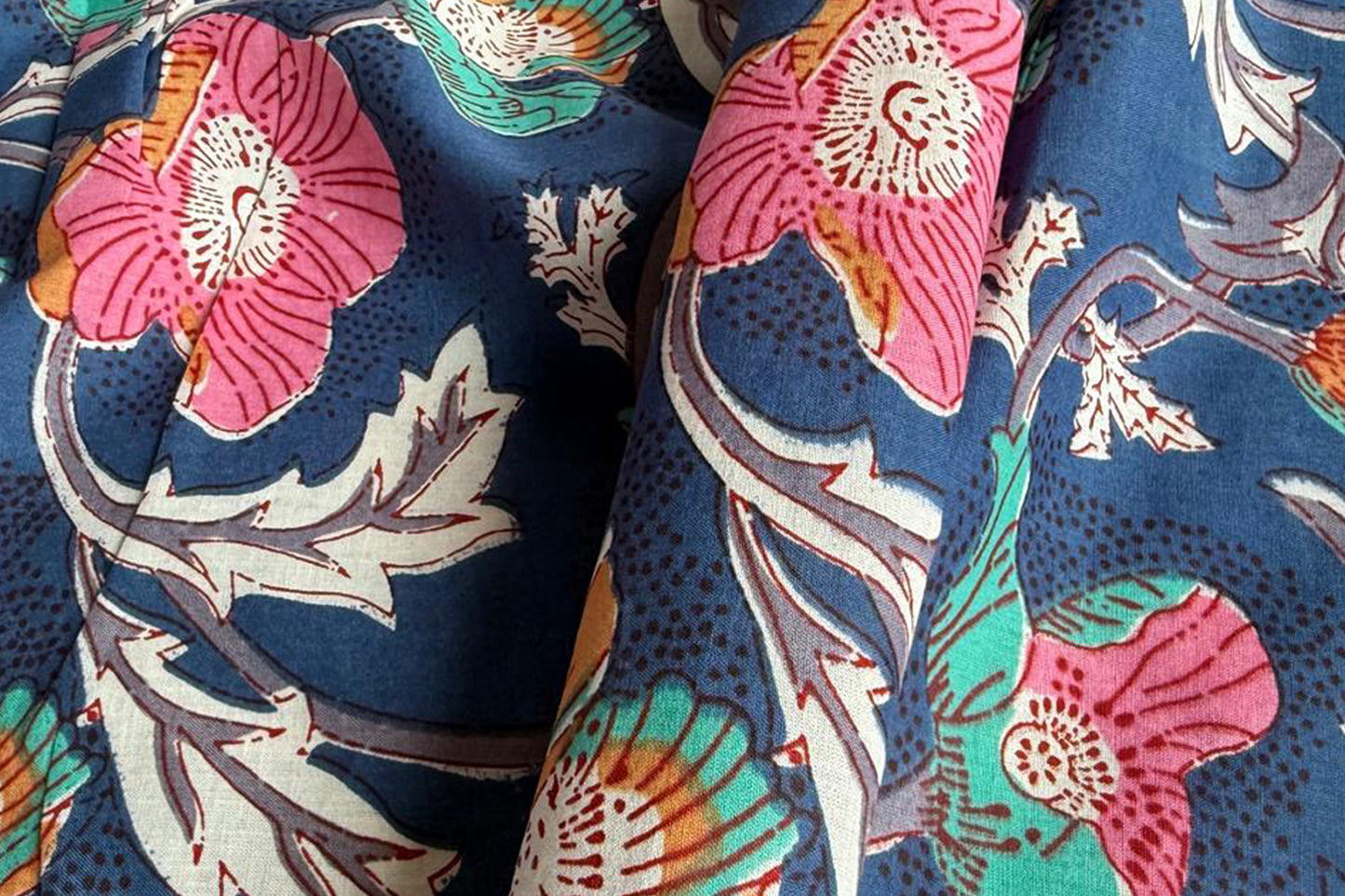 Floral Hand Block Printed Running Fabric Natural Dyed Dress Materiel HF6406