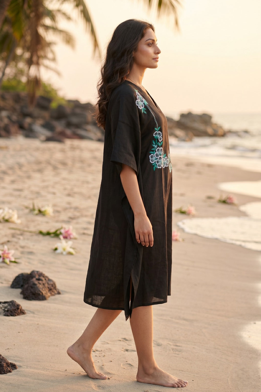 Black Embroidered Cotton  Kaftan - NVK572