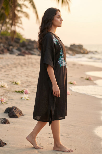 Black Embroidered Cotton  Kaftan - NVK572