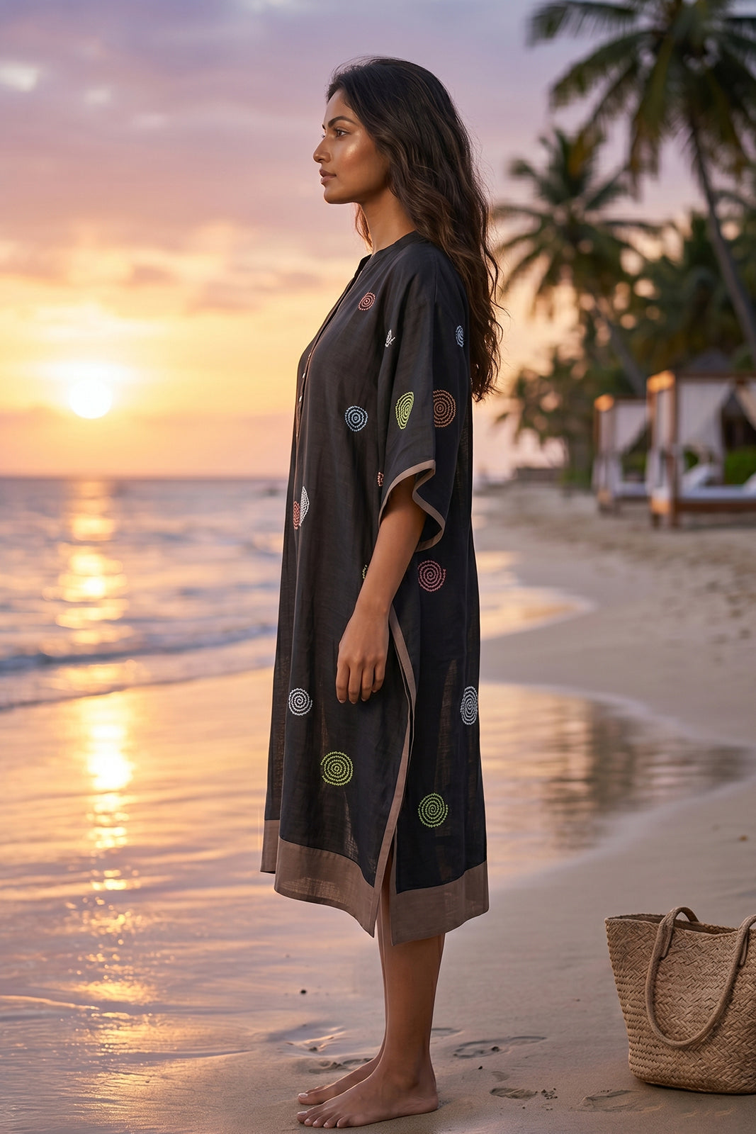 BLACK EMBROIDERED COTTON KAFTAN - NVK578