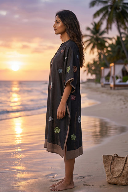 BLACK EMBROIDERED COTTON KAFTAN - NVK578