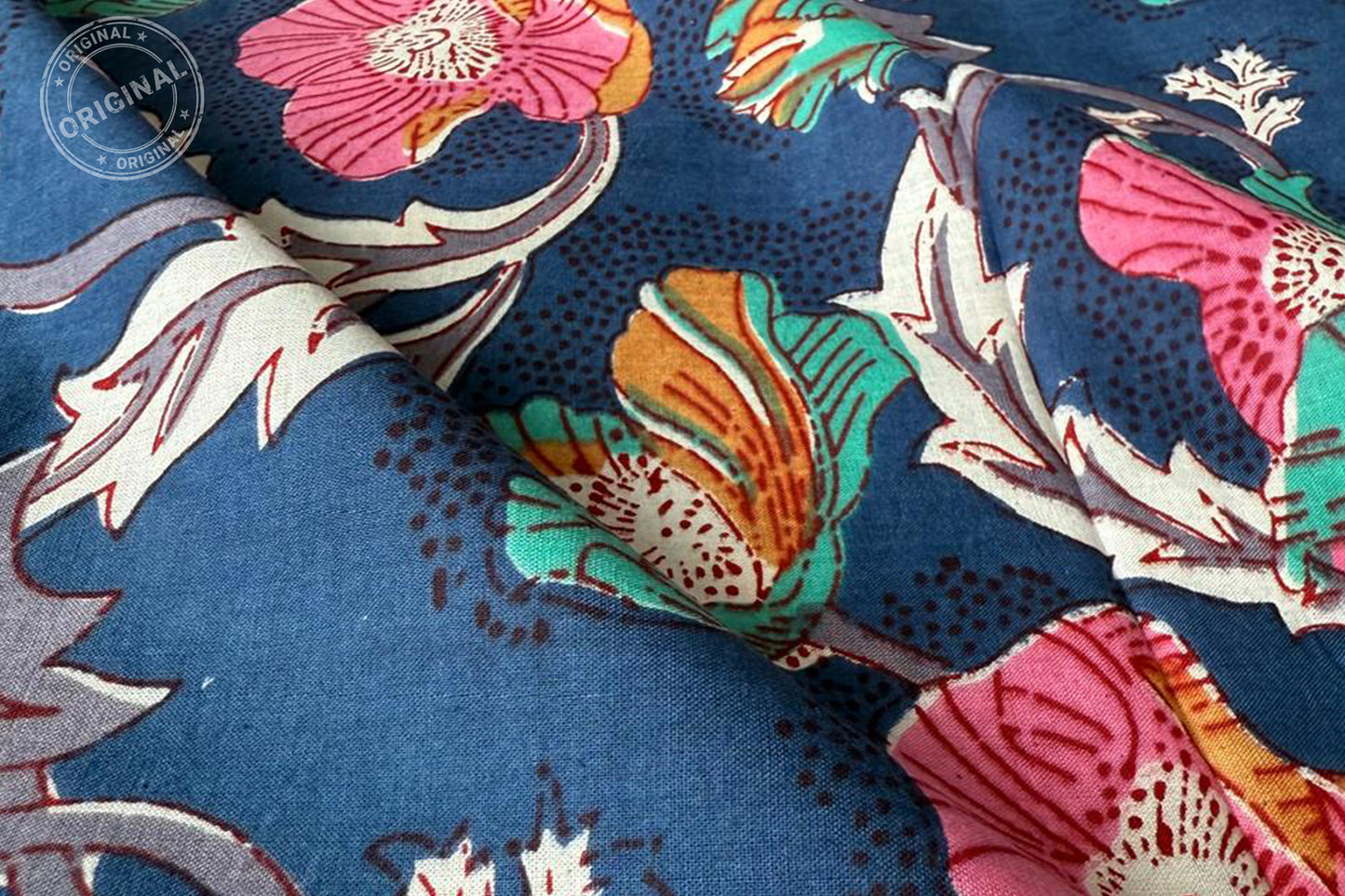 Floral Hand Block Printed Running Fabric Natural Dyed Dress Materiel HF6406