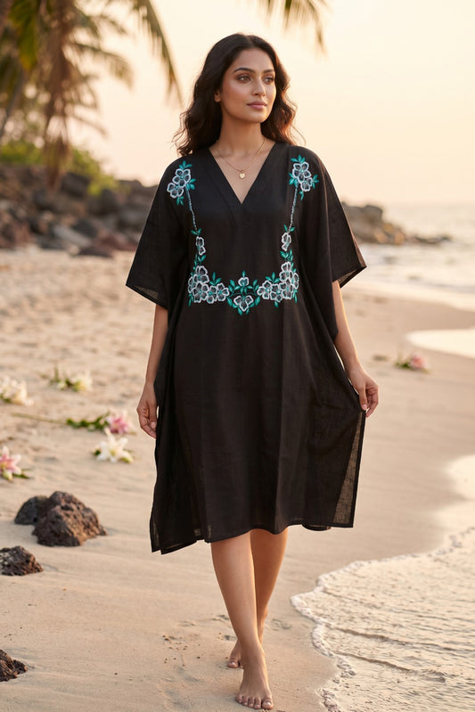 Black Embroidered Cotton  Kaftan - NVK572