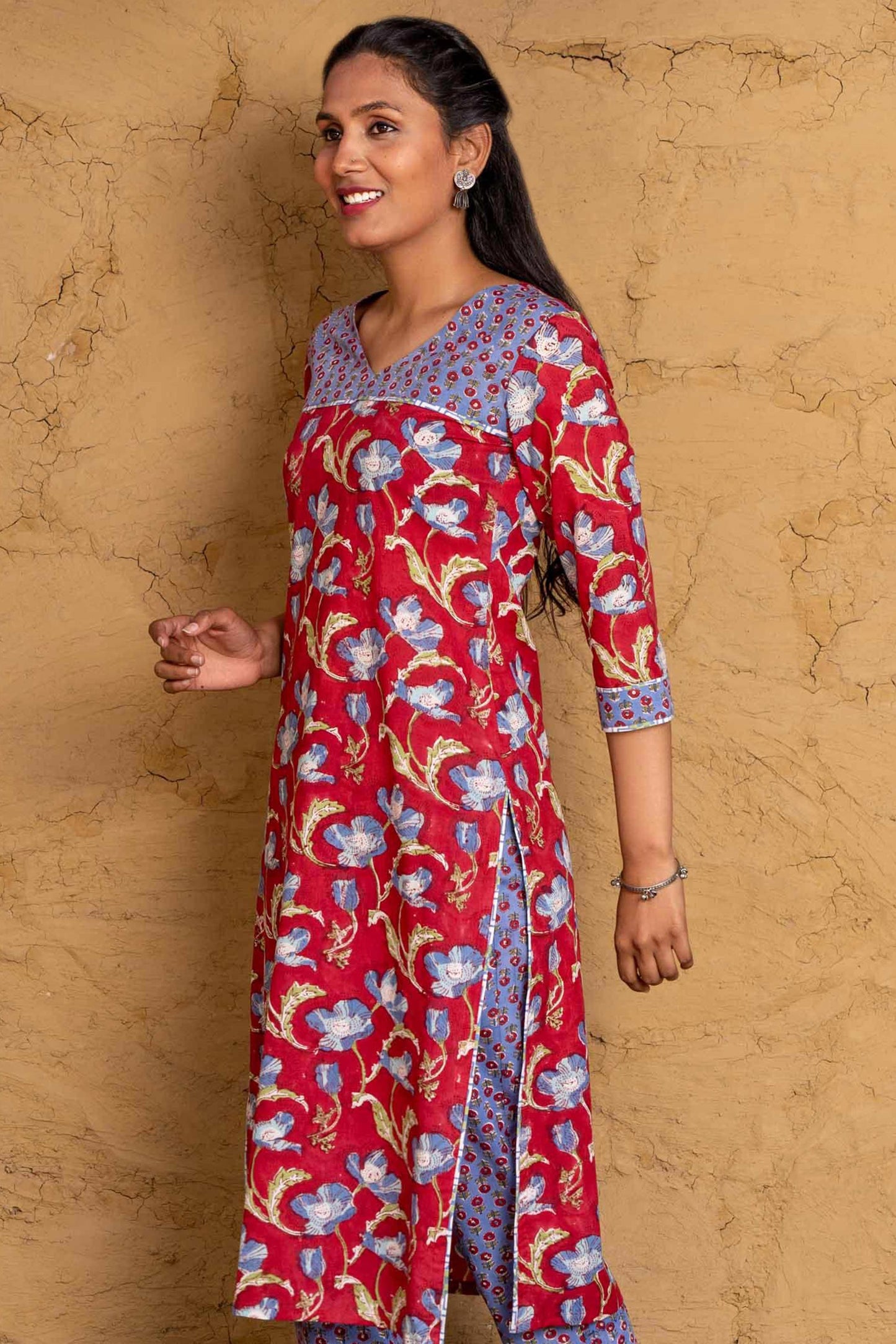 Red Blue Block Printed Kurta -KS598