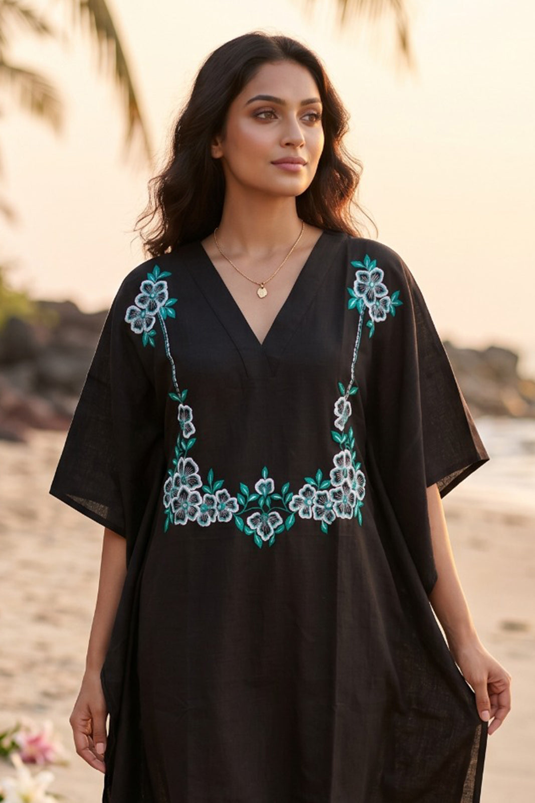 Black Embroidered Cotton  Kaftan - NVK572