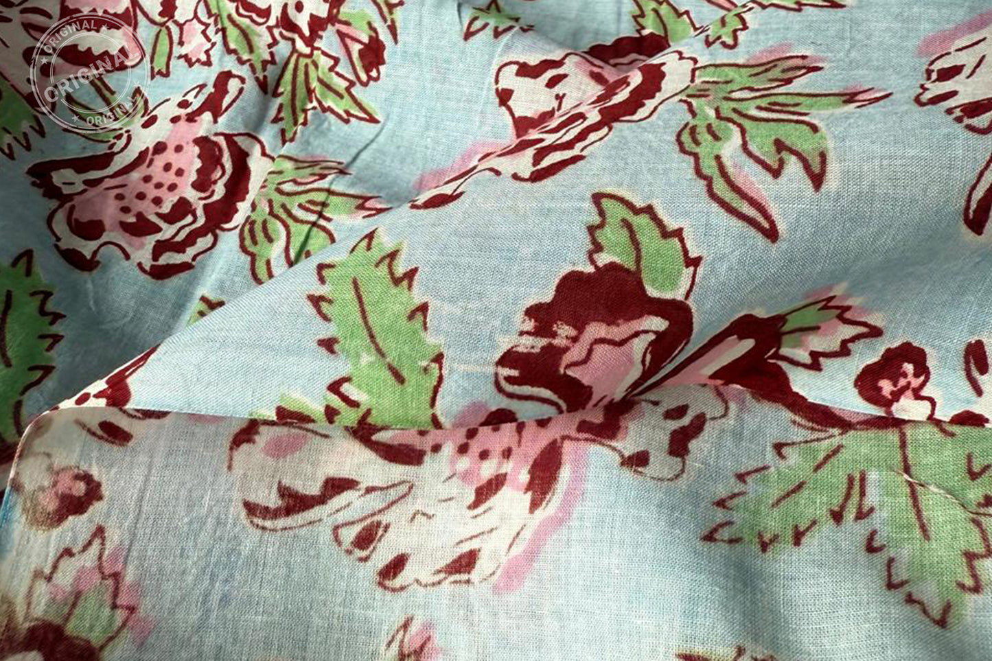 Sky Blue Floral Hand Block Printed Running Fabric Natural Dyed Dress Materiel HF6407