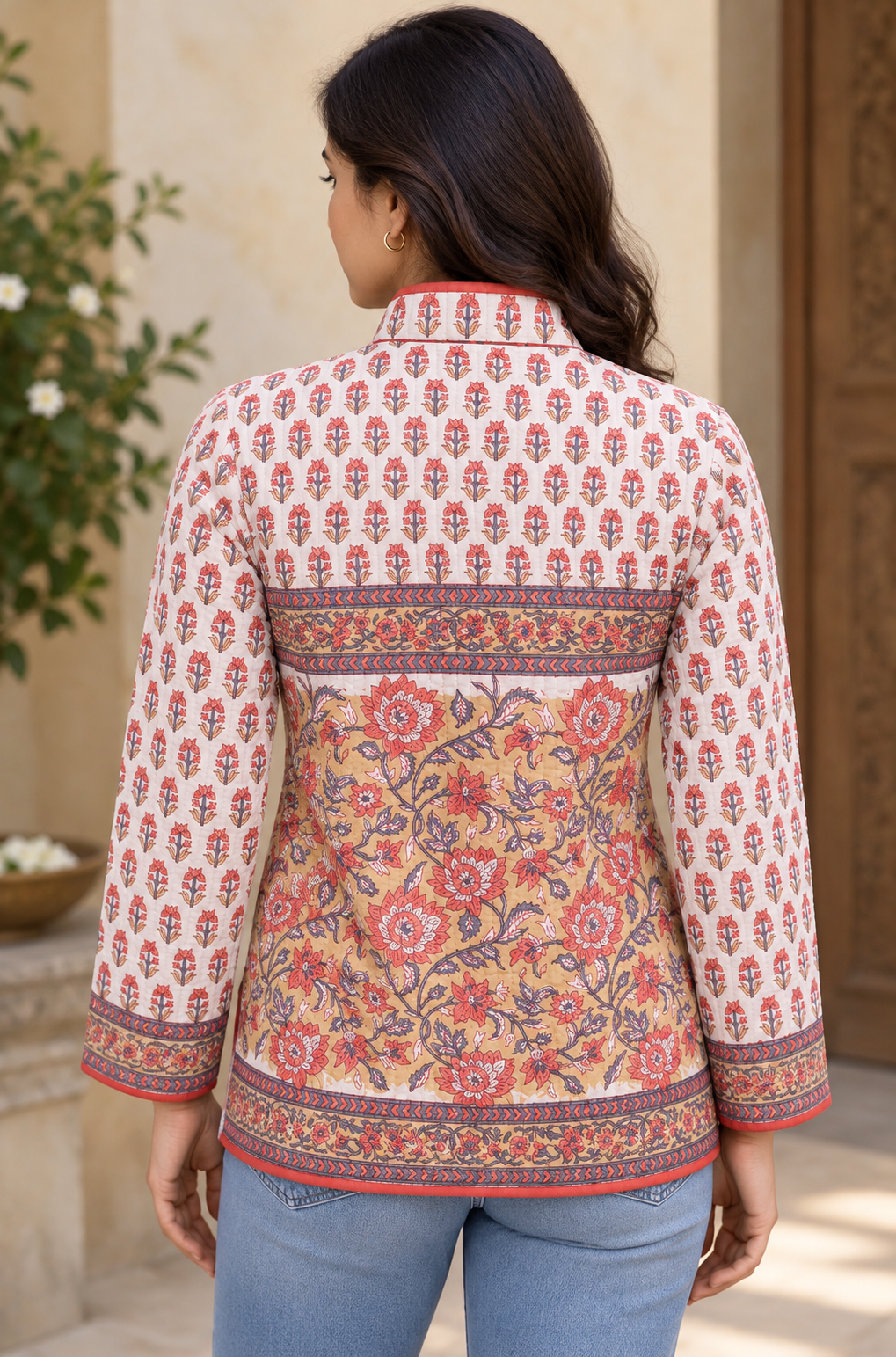Coral Bloom Block Printed Quilted Jacket-NVQJ678