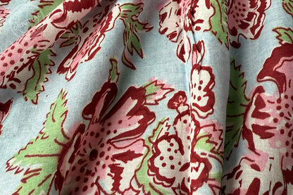 Sky Blue Floral Hand Block Printed Running Fabric Natural Dyed Dress Materiel HF6407