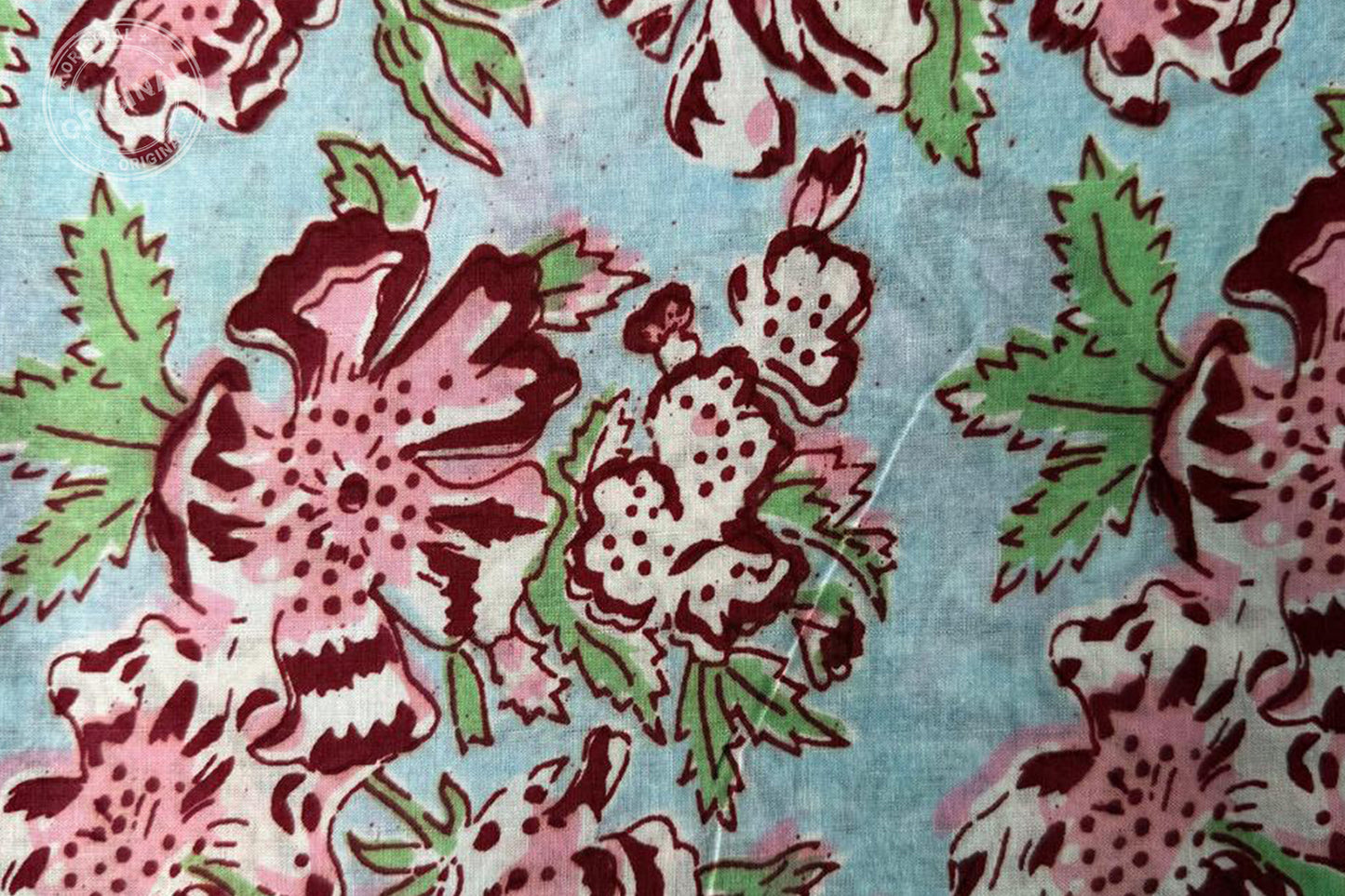 Sky Blue Floral Hand Block Printed Running Fabric Natural Dyed Dress Materiel HF6407