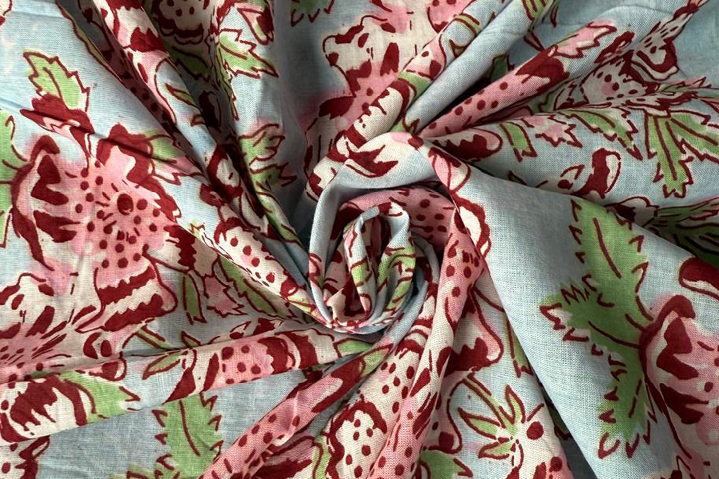 Sky Blue Floral Hand Block Printed Running Fabric Natural Dyed Dress Materiel HF6407